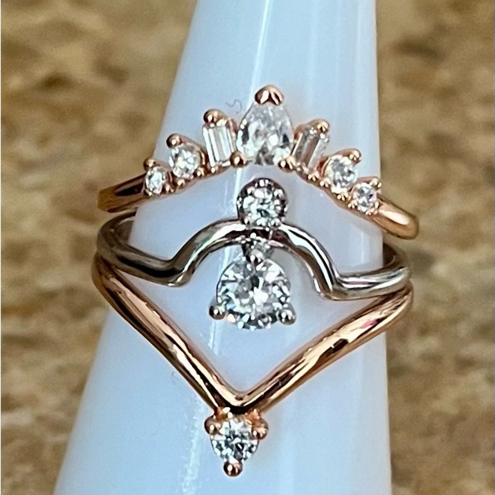 Stackable Chevron Ring Trio in Rose Gold and Silver with Clear Stones